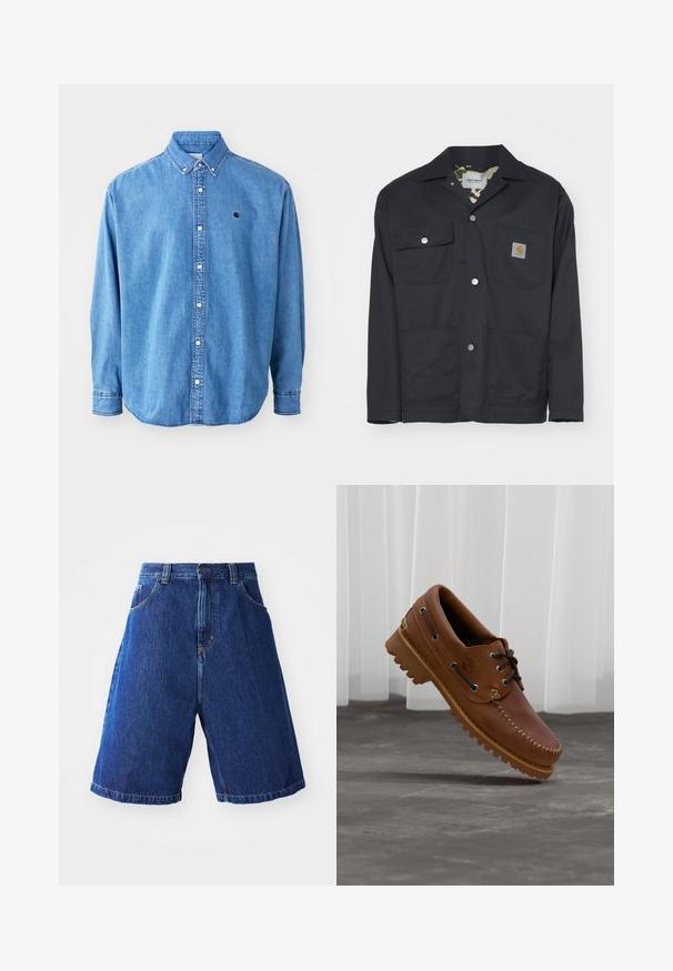 Sort arbejdsjakke lavet af slidstærkt stof. Har to brystlommer, to frontlommer og en camouflageforing. Sølvfarvede trykknapper er synlige.; Denim button-down skjorte, lyseblå i farven, med krave, lange ærmer og et lille logo på brystet. Har hvide knapper og syninger.; Denimshorts med en blå vask, med en høj talje, to forlommer og gul syning langs sømmene.; Brun læder bådsko med sorte snørebånd, beige syninger og en robust sål, hængende over en grå betongulv.