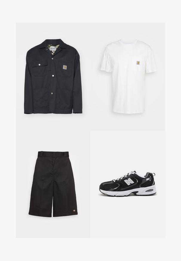 Chaqueta de trabajo negra hecha de un tejido duradero. Cuenta con dos bolsillos en el pecho, dos bolsillos frontales y un forro de camuflaje. Botones a presión plateados visibles.; Camiseta de algodón blanca con mangas cortas, un bolsillo en el pecho y un pequeño parche cuadrado de logo en naranja y blanco en el bolsillo.; Bermudas de algodón negras de corte recto, hasta la rodilla, con un logotipo visible en el dobladillo y una textura suave.; Zapatillas deportivas en negro y gris con parte superior de malla y ante, que cuentan con una entresuela blanca, cordones y un llamativo logo "N" en el lateral.