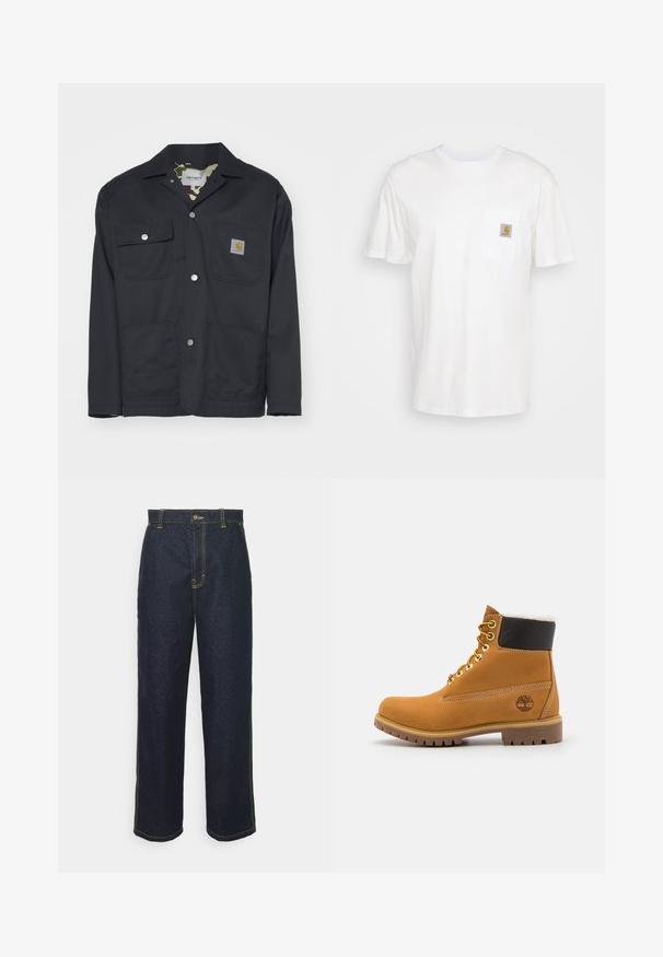 Chaqueta de trabajo negra hecha de un tejido duradero. Cuenta con dos bolsillos en el pecho, dos bolsillos frontales y un forro de camuflaje. Botones a presión plateados visibles.; Camiseta de algodón blanca con mangas cortas, un bolsillo en el pecho y un pequeño parche cuadrado de logo en naranja y blanco en el bolsillo.; Jeans de mezclilla oscuros de pierna ancha con costuras amarillas, que cuentan con un cierre frontal de botón y bolsillos laterales. Textura suave y diseño tradicional.; Botín de cuero marrón con ojales de metal, forro de piel sintética blanca, cuello acolchado negro, suela resistente y logotipo en relieve en el costado.
