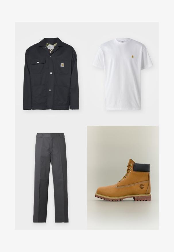 Veste de travail noire en tissu résistant. Elle possède deux poches poitrine, deux poches avant et une doublure camouflage. Boutons-pression argentés visibles.; T-shirt en coton blanc à manches courtes, col rond, avec un petit logo doré sur la poitrine gauche. Texture douce et coupe régulière.; Pantalon gris foncé à jambes droites avec un devant plat et sans poches visibles, présenté sur un fond blanc uni.; Bottine en cuir marron avec col noir, lacets jaunes et semelle beige. Présente un logo et des détails de couture blanche. Semelle extérieure à traction robuste.