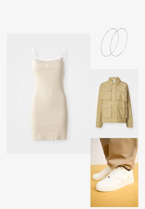 Beige, kevyt takki, jossa on klassinen kaulus, useita rintataskuja ja pitkät hihat. Vasemmassa hihassa Nike-logo.; Beige senza maniche con sottili spalline, texture a coste e bordi bianchi. Presenta un piccolo logo al centro sopra il décolleté.; Valkoiset nahkakengät, joissa on rei'itetty kärki, kultaiset yksityiskohdat ja litteät nauhat, yhdistettynä beigenvärisiin housuihin karkealla keltaisella pinnalla.; Hopehope hopeilla, joissa on minimalistinen muotoilu. Pyöreä muoto, sileä pinta ja ohut profiili. Kevyet ja kiillotetut.