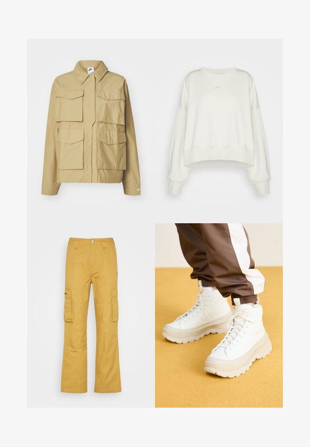 Beige, letvægtsjakke med klassisk krave, flere brystlommer og lange ærmer. Har Nike-logo på venstre ærme.; Nike Sportswear CREW - Sweatshirt - lt orewood brn/(sail); Cargo bukser i en rig sennepsgul farve, lavet af et robust stof. Har to store sidelommer og et lige ben design.; Hvide højtop sneakers med en kraftig, tekstureret sål, der har en glat overdel, rund tå og tonede snørebånd, placeret mod en gul baggrund.
