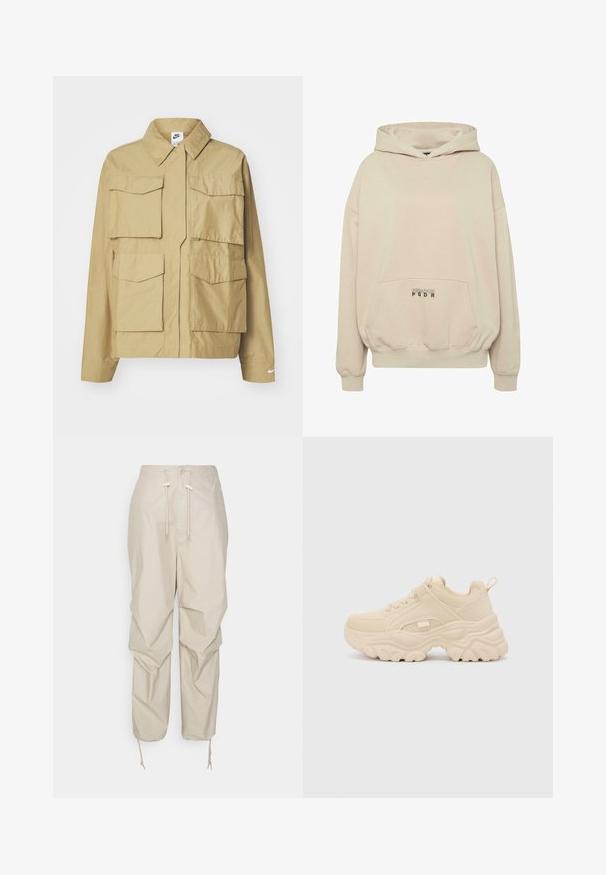Chaqueta ligera beige con cuello clásico, múltiples bolsillos en el pecho y mangas largas. Presenta el logo de Nike en la manga izquierda.; Sudadera con capucha beige con bolsillo frontal, puños acanalados y capucha con cordón. Texto "PECADOR PGDR" impreso en el área del bolsillo.; Pantalones de utility beige con cintura ajustable, cierre de botón y puños de pierna estrechos. Fabricados en un material ligero con una textura suave.; Buffalo GALACTICA - Zapatillas - cream