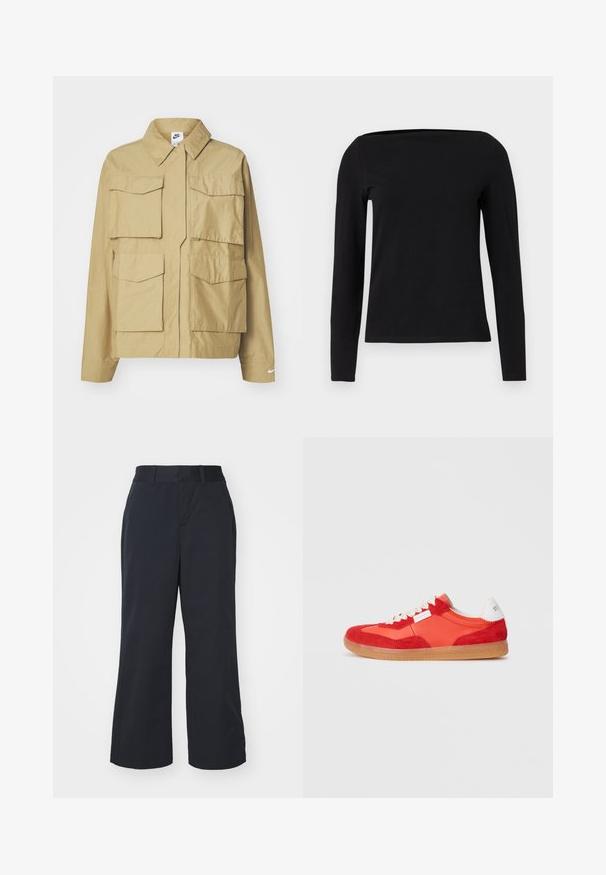 Beige, leichtgewichtige Jacke mit klassischem Kragen, mehreren Brusttaschen und langen Ärmeln. Mit Nike-Logo am linken Ärmel.; Schwarzes Langarmshirt mit quadratischem Ausschnitt, aus weichem Stoff gefertigt. Es hat eine figurbetonte Silhouette und nahtlose Bündchen für ein elegantes Design.; Schwarze weit geschnittene Hose aus glattem Stoff mit elastischem Bund und Seitentaschen. Minimalistisches Design, ohne sichtbare Muster.; Rote und orange Low-Top-Sneaker mit beigen Schnürsenkeln, Gummisohle und weißer Fersenlasche auf hellem grauem Hintergrund.