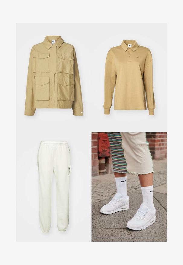 Chaqueta ligera beige con cuello clásico, múltiples bolsillos en el pecho y mangas largas. Presenta el logo de Nike en la manga izquierda.; Polo de manga larga beige hecho de algodón, con cuello tipo polo, tres botones y un discreto logotipo de Nike en negro.; Pantalones de chándal color beige claro con una cinturilla elástica, bolsillos laterales y dobladillos ajustados. Presenta un logo gráfico en el muslo izquierdo.; Zapatillas Nike Air Max 90 blancas con parte superior de malla y cuero, que cuentan con una unidad de aire visible, combinadas con calcetines blancos con relieve y logotipo negro.