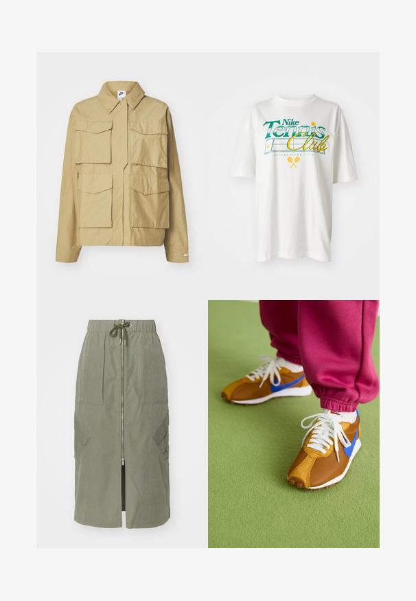 Beige, kerge jakk klassikalise kraega, mitme rinnataskuga ja pikkade varrukatega. Vasakul varrukal on Nike'i logo.; Valge puuvillane T-särk, millel on roheline ja kollane graafiline print "Nike Tennis Club", tenniseteemaliste motiividega ning asutamisaasta 1972.; Oliivroheline midi seelik, mis on valmistatud kergest kangast. Seelikul on esi tõmblukk, elastne vöökoht ning suured külje taskud nurkadega klappidega.; Pruunid ja sinised spordijalatsid, mis on valmistatud võrgust ja nahast, valgete paeltega ning tekstuurse pruuni tallaga, paigutatud rohelisele põrandale.