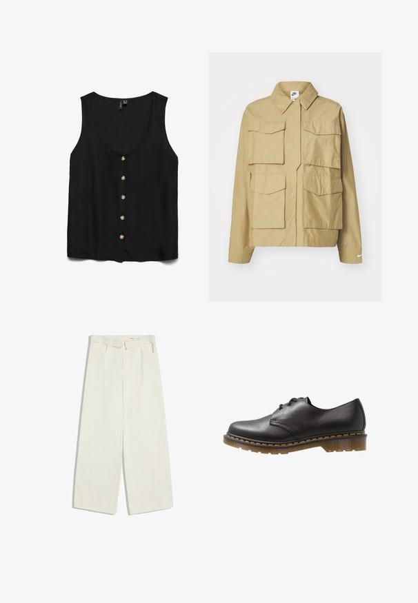 Veste beige légère avec un col classique, plusieurs poches poitrine et des manches longues. Dotée du logo Nike sur la manche gauche.; Blouse sans manches noire avec un décolleté en V profond, ornée de boutons dorés sur le devant et d'un tissu lisse et léger.; Pantalon blanc à jambes larges et taille haute avec passants de ceinture, poches avant et fermeture avant dissimulée, étendu à plat sur fond blanc.; Chaussure noire en cuir à lacets avec un bout arrondi et une semelle épaisse translucide. Présente des coutures jaunes le long du bord de la semelle. Texture lisse.