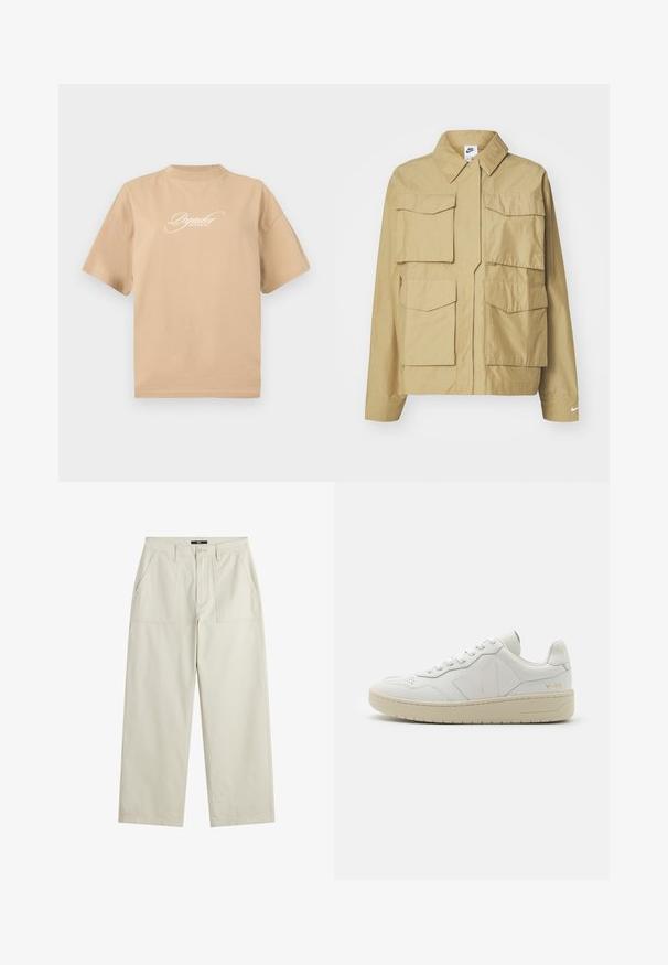 Beige, leichtgewichtige Jacke mit klassischem Kragen, mehreren Brusttaschen und langen Ärmeln. Mit Nike-Logo am linken Ärmel.; Beige Baumwoll-T-Shirt mit kurzen Ärmeln, rundem Halsausschnitt und weißem, geschwungenem Text auf der Vorderseite mit der Aufschrift "Pegador Dreams Come True."; Helle, weit geschnittene Hosen aus strukturiertem Stoff. Verfügen über zwei vordere Taschen und einen Knopfverschluss. Gerader Schnitt am Saum.; Weiße Leder-Sneaker mit perforiertem Zehenbereich, kontrastierender beiger Gummisohle und Logoplaketten an der Seite und Ferse. Minimalistisches Design.
