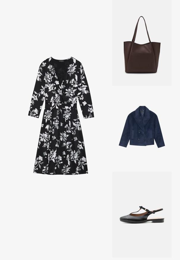 Marineblaue, doppelt knöpfbare Peacoat mit breiten Revers, zwei vorderen Taschen, aus strukturiertem Woll-ähnlichem Stoff, mit schwarzen Knöpfen.; Schwarzes Blumenkleid mit langen Ärmeln, das silberne Blumenmuster, einen V-Ausschnitt und eine taillierte Taille aufweist. Weicher Stoff mit einem fließenden Rock.; Schwarzer flacher Lederslingback-Schuh mit T-Riemen und goldener Schnalle auf neutralem Hintergrund.; Braune Tragetasche aus glattem Material, mit einer großen Fronttasche, zwei Griffen und einem vereinfachten, strukturierten Design.