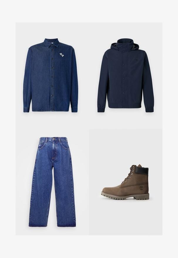 Navyblå hættejakke med trykknapper, elastiske manchetter, sidelommer og en lille broderet logo på brystet.; Mørkeblå denimskjorte med knappelukning foran, lange ærmer og spids krave. Har en hvid broderet "RP"-logo.; Bredde ben, blå denim jeans med høj talje, der har fem lommer, knaplukning og subtile blødgøringer for tekstur.; Brune læder ankelstøvle med sort krave, metaløjer og slidstærk grå sål. Har logo på siden og syet detaljer.