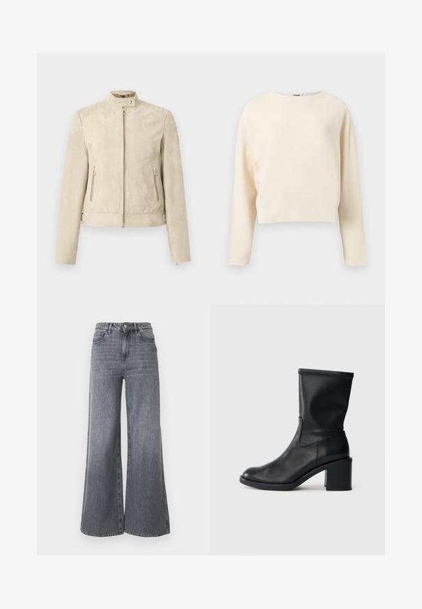 Veste en daim beige avec col montant, fermeture éclair à l'avant, poches latérales zippées, détails matelassés aux épaules et sangles latérales réglables.; Pull court à manches longues de couleur crème avec un col rond, en tissu tricoté fin à côtes.; Jean à jambes larges en denim gris délavé. Comprend cinq poches, une fermeture avant par bouton, et une taille haute avec une finition texturée subtile.; Botte en cuir noir à cheville avec un bout rond, texture lisse et un talon épais, présentant un tige ajustée et un subtil détail de couture.