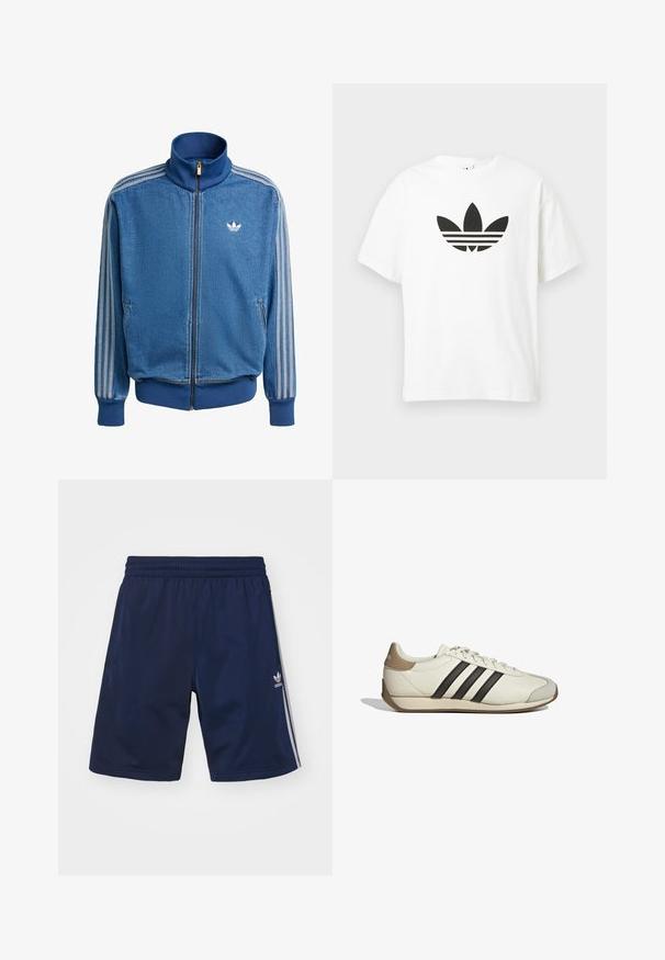 Blauwe spijkerjas met rits, met witte drie-streep accenten op de mouwen, hoge kraag en voorzakken. Zachte textuur met geribbelde manchetten.; Witte katoenen t-shirt met een groot zwart Adidas trefoil-logo en drie horizontale strepen eronder. Korte mouwen, ronde hals.; Marineblauwe sportshorts van een lichte stof, met een elastische tailleband en drie witte strepen aan de zijkanten. Adidas-logo zichtbaar.; Witte leren sneaker met drie zwarte strepen, een beige hielkap en een gestructureerde grijze neuskap. Glad oppervlak met een gumzool.
