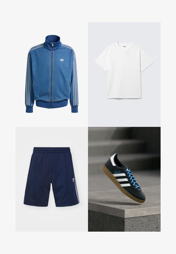 Blå denimjakke med lynlås, udstyret med hvide tre-stribede detaljer på ærmerne, høj krave og frontlommer. Blød tekstur med ribbede manchetter.; Hvid kortærmet crewneck T-shirt lagt fladt ud, ensfarvet design, med "WEEKDAY" mærkat inde i kraven på en lys baggrund.; Marineblå atletikshorts lavet af et let materiale, med en elastisk talje og tre hvide striber på siderne. Adidas-logoet er vist.; Sort Adidas sneaker med hvide striber, blå snørebånd og gummisål, der svæver over gråt betontrin i blødt lys.