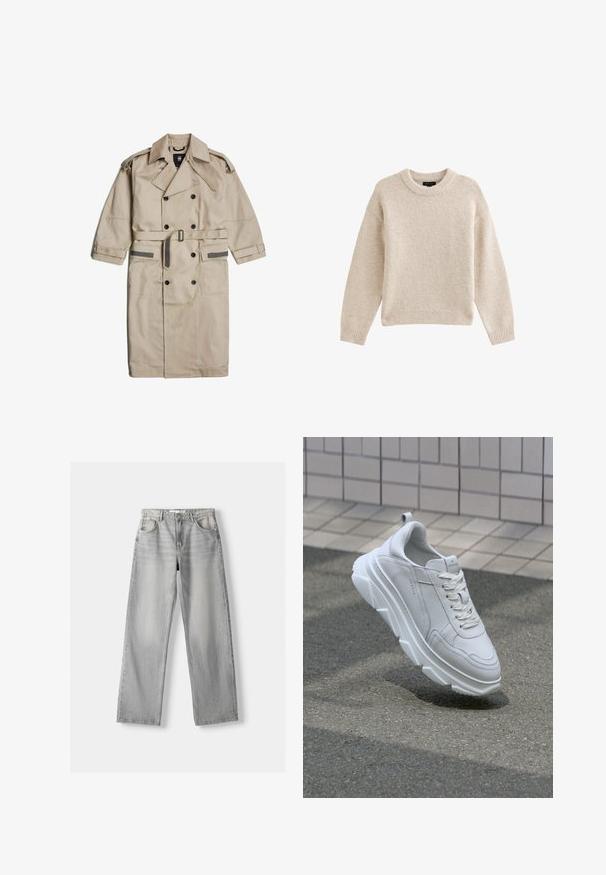 Beiger doppeltreihiger Trenchcoat mit Gürtel, Schulterklappen, zwei vorderen Taschen und schwarzen Knöpfen, flach auf weißem Hintergrund gelegt.; Beige gestrickter Pullover mit Rundhalsausschnitt, langen Ärmeln und geripptem Saum. Texturierter Stoff mit weicher Optik. Einfaches und vielseitiges Design.; Helle graue Jeans aus Denim mit geradem Bein, ausgestattet mit zwei vorderen Taschen, einem Knopfverschluss und subtilen Abnutzungen für Struktur.; Weiße Leder-Sneaker mit einer dicken, strukturierten Gummisohle, ausgestattet mit Schnürverschluss und Nahtdetails. Rund zulaufende Zehenkappe und unterstützendes Design für den Knöchel.