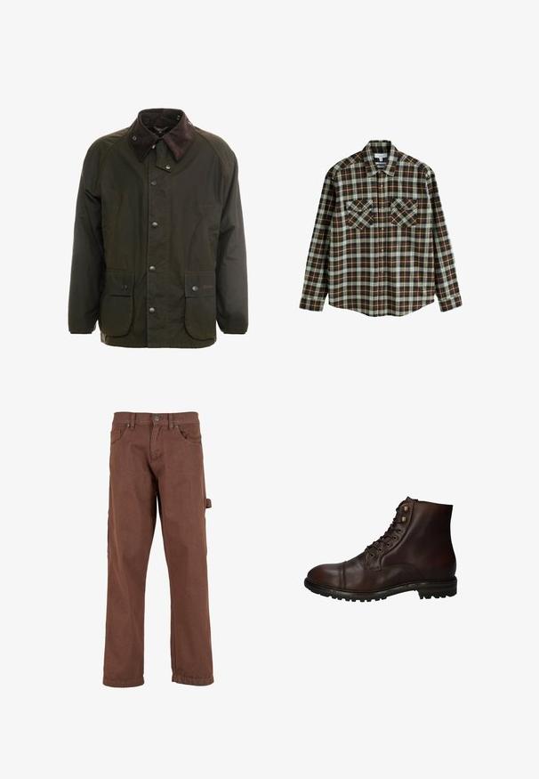 Donkergroene gewaxte katoenen jas met een bruin corduroy kraag, knoopsluiting aan de voorkant en twee voorzakken. Eenvoudig ontwerp, lange mouwen.; Bruin, beige en wit geruit overhemd met lange mouwen, met twee voorste borstzakken met knopen en een kraag, plat gelegd op een witte achtergrond.; Bruine cargobroek van stevig materiaal, met een recht pasvorm, voorzakken en een zijzak met een klep.; Donkergrote leren veterschoenen tot de enkels met een robuuste rubberen zool en metalen veters, gezien vanuit de buitenzijde.