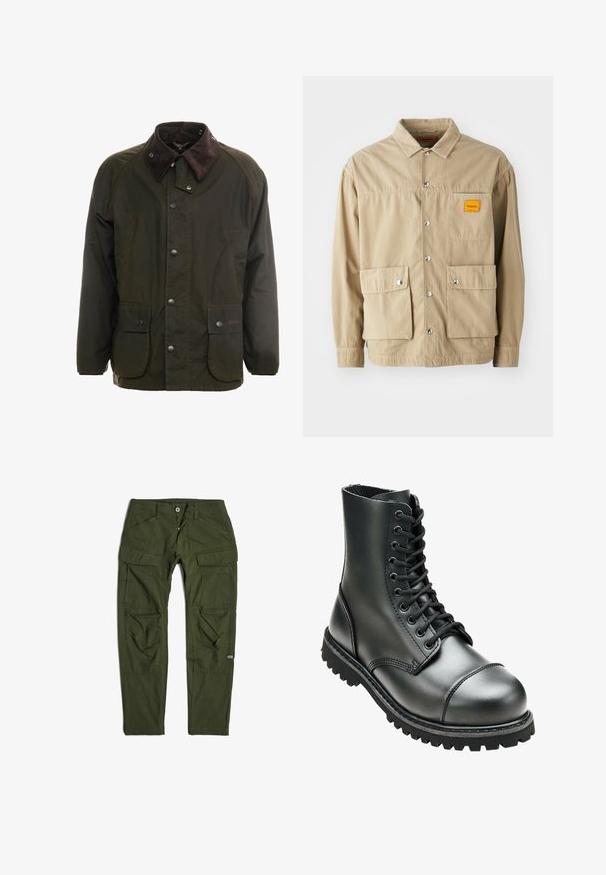 Donkergroene gewaxte katoenen jas met een bruin corduroy kraag, knoopsluiting aan de voorkant en twee voorzakken. Eenvoudig ontwerp, lange mouwen.; Replay Inc. SHIRT - Overhemd - khaki; G-STAR CARGO 3D REGULAR TAPERED PANTS - Cargobroek - dk bronze green; Zwarte leren combatboot met hoge enkel, ronde neus, vetersluiting aan de voorkant, en robuuste rubberen zool met diepe profiel voor grip.
