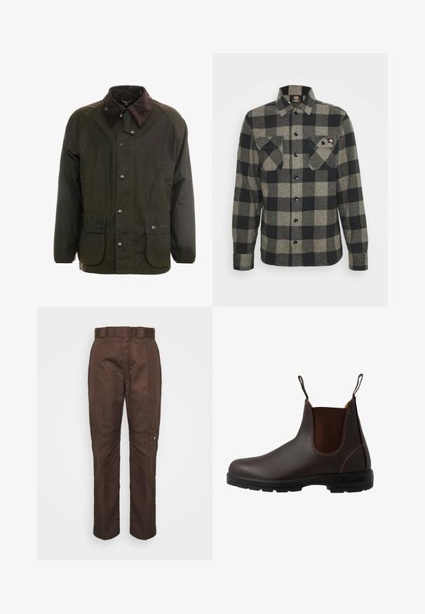 Donkergroene gewaxte katoenen jas met een bruin corduroy kraag, knoopsluiting aan de voorkant en twee voorzakken. Eenvoudig ontwerp, lange mouwen.; Zwart en grijs geblokt flanellen shirt met lange mouwen, knoopsluiting aan de voorkant, twee borstzakken en een licht gebogen zoom. Gegarneerde stof.; Bruine, recht lopende broek met een gladde textuur. Heeft een riemlus, zijnaad en een klein merklogo op het linkerbeen.; Bruine leren Chelsea-laars met elastisch zijpaneel, bruine stiksels, trekriempjes en een duurzame rubberen zool met een gestructureerd patroon.