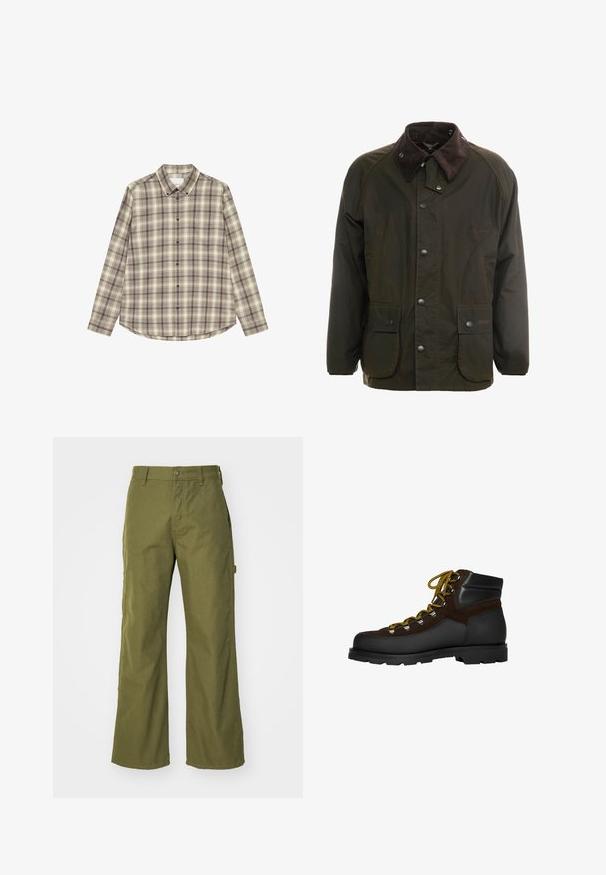 Veste en coton ciré vert foncé avec un col en velours côtelé marron, fermeture à boutons-pression à l'avant, et deux poches sur le devant. Design simple, manches longues.; Chemise à manches longues à carreaux beiges et bruns. Elle dispose d'un col pointu, de boutons sur le devant et d'une seule poche poitrine.; Pantalons larges vert olive en tissu durable, dotés d'une fermeture à bouton, de poches latérales et d'un design à ourlet droit.; Botte de randonnée en daim marron et cuir noir avec lacets jaunes, œillets métalliques et semelle noire robuste. Conception mi-haute pour un maintien optimal.