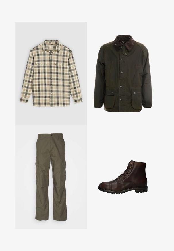 Donkergroene gewaxte katoenen jas met een bruin corduroy kraag, knoopsluiting aan de voorkant en twee voorzakken. Eenvoudig ontwerp, lange mouwen.; Langarm geruite blouse in beige, zwart en bruin stof, met knoopsluiting, twee borstzakken en een klassiek kraagontwerp.; Olijfgroene cargobroek met rechte snit, gemaakt van gestructureerde stof. Bevat grote zijzakken en een knoopsluiting.; Donkergrote leren veterschoenen tot de enkels met een robuuste rubberen zool en metalen veters, gezien vanuit de buitenzijde.