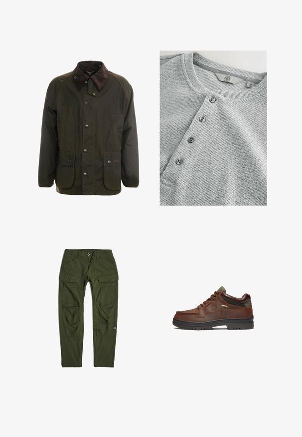 Donkergroene gewaxte katoenen jas met een bruin corduroy kraag, knoopsluiting aan de voorkant en twee voorzakken. Eenvoudig ontwerp, lange mouwen.; Grijze gebreide shirt met lange mouwen en een ronde halslijn, vijf knopen sluiting, ribbelstructuur en een slim fit ontwerp. Label geeft maat M aan.; G-STAR CARGO 3D REGULAR TAPERED PANTS - Cargobroek - dk bronze green; Bruin leren schoen met een klassiek ontwerp, uitgerust met een vetersluiting, groene accenten en een robuuste zwarte rubberen zool. GORE-TEX® label zichtbaar.