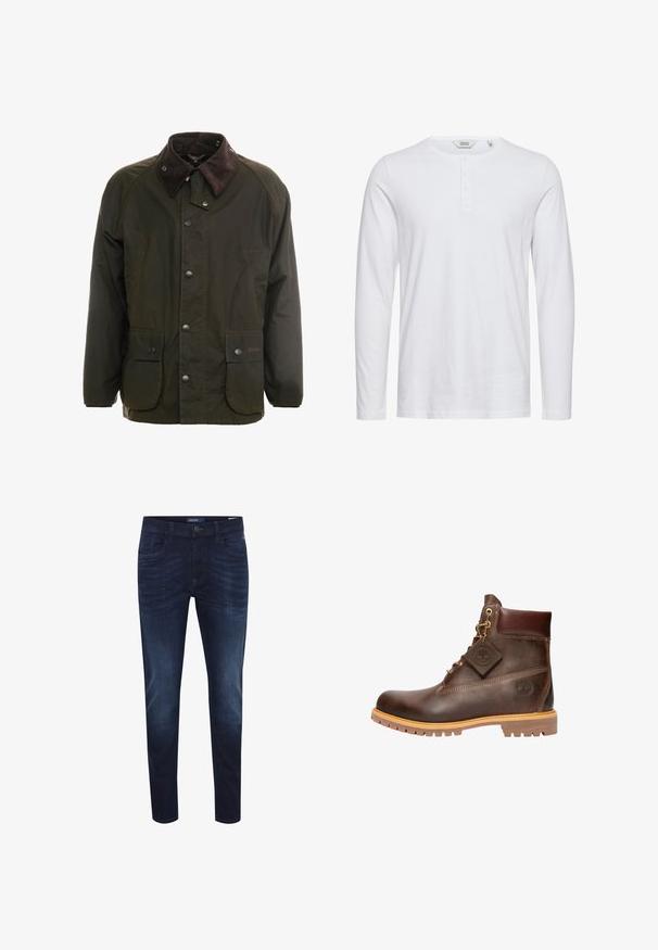 Veste en coton ciré vert foncé avec un col en velours côtelé marron, fermeture à boutons-pression à l'avant, et deux poches sur le devant. Design simple, manches longues.; Chemise blanche à manches longues en coton avec un col rond, patte de boutonnage à cinq boutons et une texture lisse. Design simple et classique.; Jeans en denim bleu foncé avec une coupe slim, design à cinq poches, un léger effet délavé, fermeture à bouton et étiquette logo sur la taille arrière.; Bottine marron en cuir avec col rembourré, laçage frontal, semelle robuste, et logo Timberland visible sur le côté et sur l'étiquette attachée.