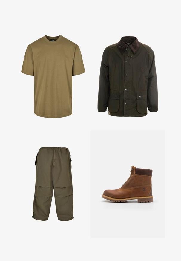 Dunkelgrüne gewachste Baumwolljacke mit einem braunen Cordkragen, Druckknopfverschluss auf der Vorderseite und zwei Fronttaschen. Schlichtes Design, lange Ärmel.; Olivenfarbene T-Shirt, kurze Ärmel, runder Halsausschnitt, aus Baumwollmaterial, verfügt über ein schlichtes Design ohne Muster oder Akzente.; Khakifarbene Cargo-Hose mit einem elastischen Bund, seitlichen Taschen und Druckknopf-Details. Der Stoff hat eine glatte, leichte Textur.; Braune Lederwanderschuhe mit glatter Oberfläche, gepolstertem Knöchel, Metallösen und einer Gummisohle mit robustem Profil.