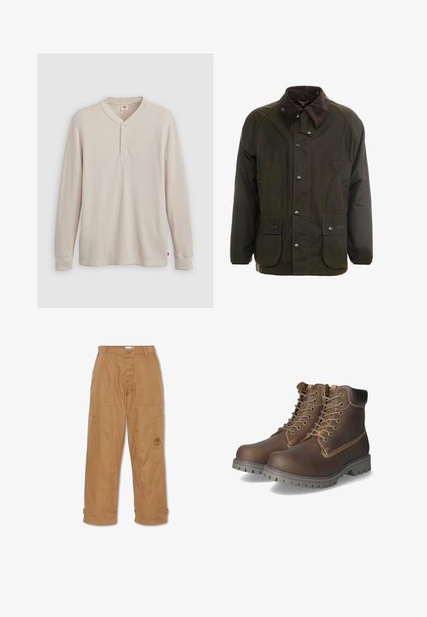 Dunkelgrüne gewachste Baumwolljacke mit einem braunen Cordkragen, Druckknopfverschluss auf der Vorderseite und zwei Fronttaschen. Schlichtes Design, lange Ärmel.; Langärmliges Henley-Shirt aus leicht beigem Rippstoff mit V-Ausschnitt, Knopfleiste mit drei Knöpfen und angeschnittenen Ärmeln. Roter Logo-Tag am Saum.; Khakifarbene Arbeitshosen aus strapazierfähigem Stoff, mit mehreren Taschen, einem Knopfverschluss und gesticktem Logo auf dem Oberschenkel.; Braune Leder-Ankle-Boots mit Schnürung, gepolstertem Kragen, kontrastierenden Nähten und rutschfester Gummisohle mit Trittmuster.