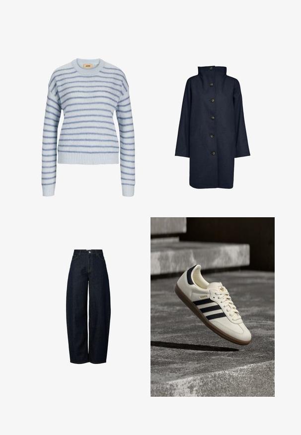 Sømandsblå uldkåbe med høj krave, der har seks store knapper foran, brede ærmer og en lige, knælang pasform.; Lys blå strikket sweater med vandrette striber i en mørkere blå. Har en rund halsudskæring og ribstrikkede manchetter og kant. Blød tekstur.; Bredde ben mørkeblå denim jeans med høj talje, færdiggjort med kontrasterende orange syninger og en knaplukning foran.; Hvid Adidas Samba sneaker med sorte striber og gummsål, svævende over teksturerede grå betonstrin.