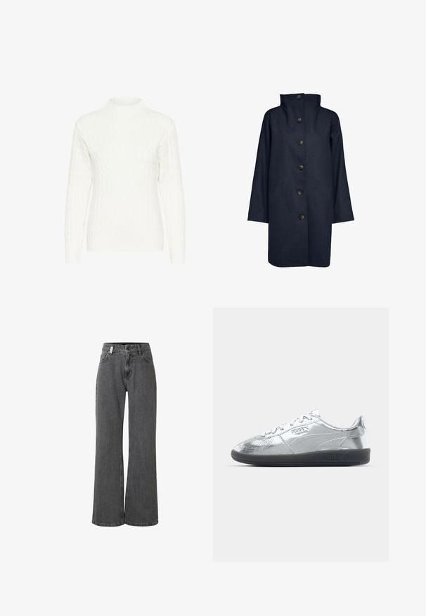 Sømandsblå uldkåbe med høj krave, der har seks store knapper foran, brede ærmer og en lige, knælang pasform.; Hvid kabelstrikket sweater med høj hals, lange ærmer og struktureret mønster. Stoffet ser blødt og let strækbart ud.; Højtaljede jeans med vid ben i falmet sort denim med forlommer, bæltestropper, knaplukning og et lille hvidt mærke nær taljen.; Sølv sneakers med en glat, reflekterende overdel, der har sorte gummisåler og klassisk snøredesign. Puma-logo på siden.