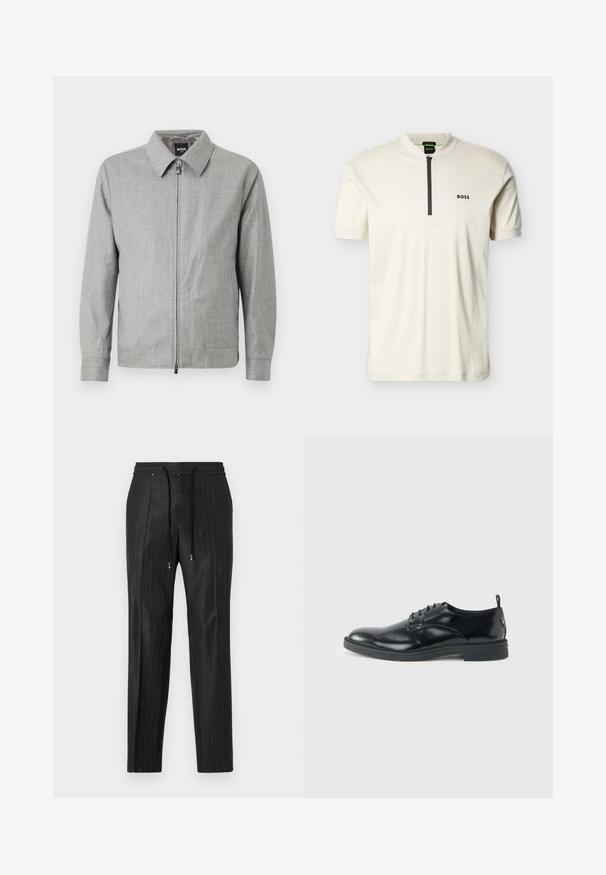 Grå jakke med krave, lynlås foran og lange ærmer. Glat tekstur med et subtilt mønster over det hele.; Off-white kortærmet poloshirt med sort halvlyn og "BOSS"-logo på venstre bryst mod en ensfarvet baggrund.; Sorte pinstripede bukser lavet af glat stof med en komfortabel elastisk talje og snøre detaljer. Har diskret logo detaljering.; Blank sort læder dresssko med lav hæl, snørelukning og rund tå, vist fra siden på ensfarvet lys baggrund.