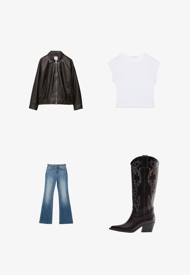 Schwarze Lederjacke mit Frontreißverschluss, spitzem Kragen, zwei schrägen Taschen und elastischem Bund vor weißem Hintergrund.; Weißes kurzärmeliges, bauchfreies T-Shirt mit rundem Ausschnitt aus glattem Stoff, flach auf einem weißen Hintergrund liegend.; Blaue Jeans aus Denim mit hoher Taille und ausgestellten Beinen, ausgestattet mit Vorderseiten Taschen und sichtbar verwaschenen Stellen an den Oberschenkeln.; Schwarzer Leder-Cowboystiefel mit spitzer Zehe, bestickten dekorativen Mustern und gestapeltem Blockabsatz.