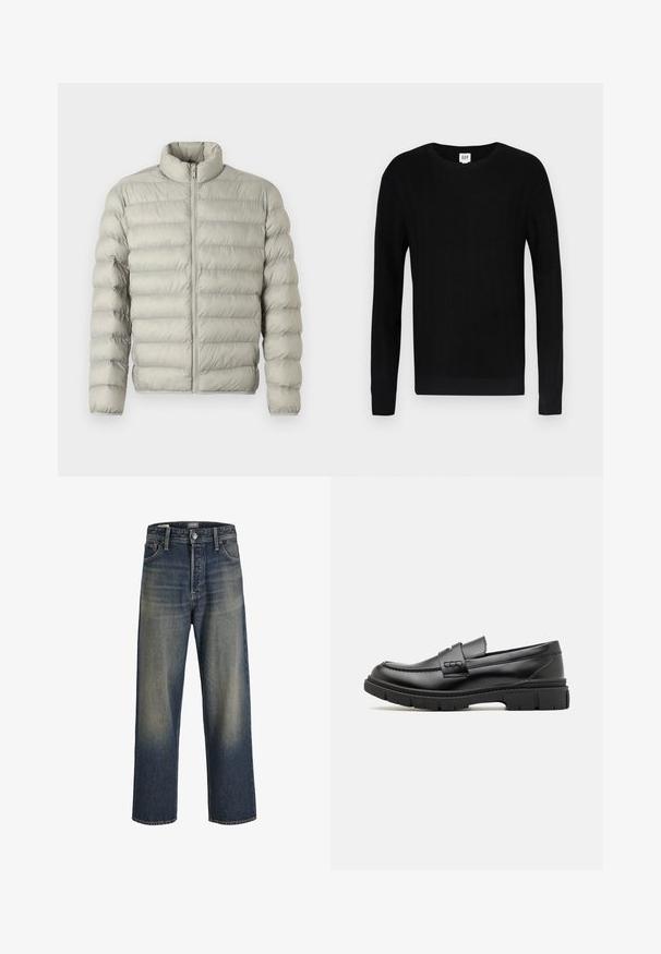Lys grå pufferjakke med ståkrave, lynlås foran og vandret quiltet design. Fremstillet af glat, polstret materiale til isolering.; Sort sweater med ribbet tekstur, rund hals og lange ærmer. Har et ensfarvet design og smalle manchetter ved ærmer og talje.; Bredde ben jeans i mørkeblå denim med en gradient finish, der har en knaplukning, fem lomme-design og strukturerede syninger.; Sort læder loafersko med en bred rem over forfoden, gummisål med tykke mønstre og glat overflade. Klassisk, slankt design.