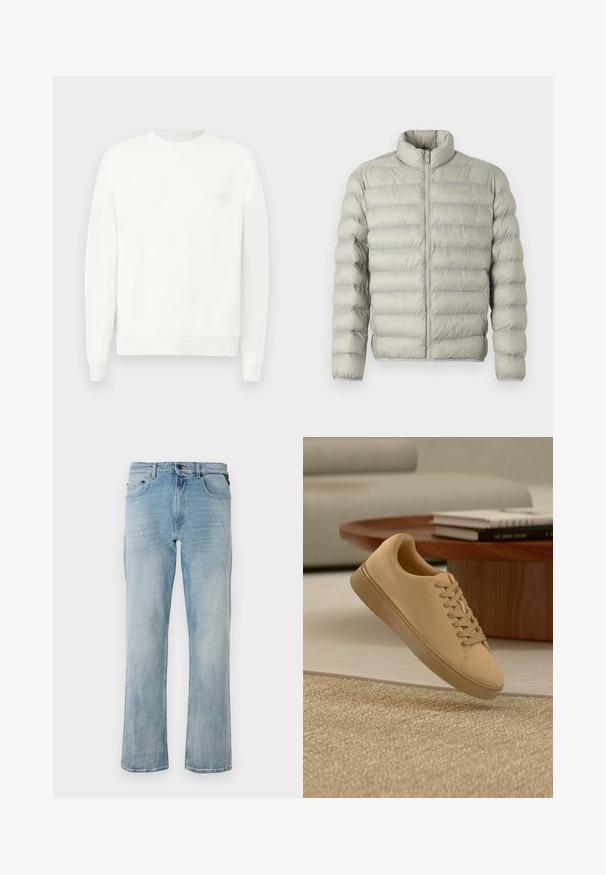Lys grå pufferjakke med ståkrave, lynlås foran og vandret quiltet design. Fremstillet af glat, polstret materiale til isolering.; Hvid crewneck sweatshirt lavet af blødt stof, med ribbede manchetter og kant, og med et diskret logo trykt på brystet i lysegrå.; Lyseblå denim jeans med en afslappet pasform, der har subtile slidte detaljer og et klassisk fem-lomme-design.; Beige snørestøvler, der svæver over et tekstureret tæppe med et træ sofabord og stablede bøger i en sløret baggrund.