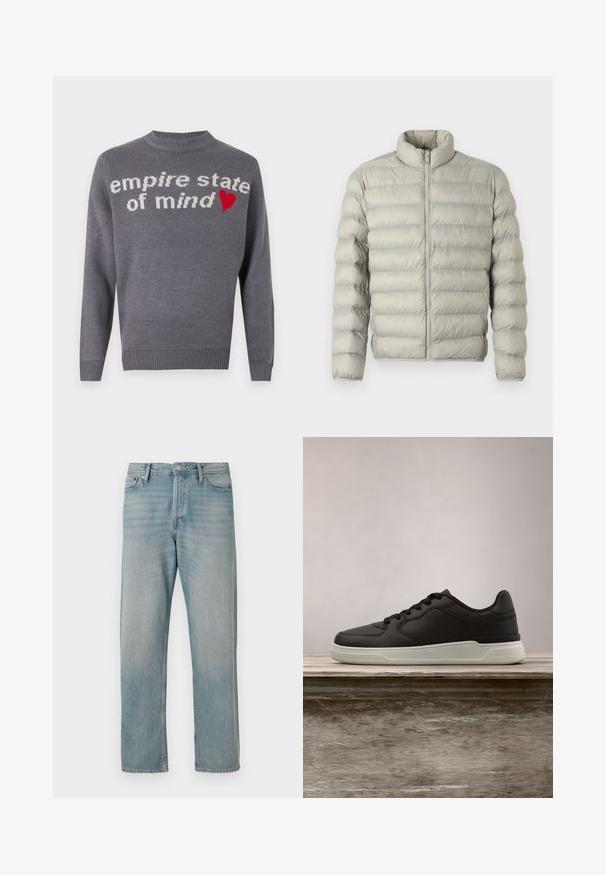 Veste rembourrée gris clair avec col montant, fermeture éclair à l'avant et design matelassé horizontal. Fabriquée en matériau lisse et rembourré pour l'isolation.; Pull en tricot gris avec l'inscription "empire state of mind" en blanc et un accent en forme de cœur rouge. Col rond et ourlet et poignets côtelés.; Jeans en denim bleu clair avec une coupe droite, présentant cinq poches classiques, une fermeture à bouton et un léger dégradé pour ajouter de la texture.; Baskets noires avec semelle blanche suspendues au-dessus d'un banc en bois, avec un feuillage vert en arrière-plan flou.