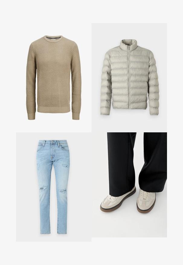 Lys grå pufferjakke med ståkrave, lynlås foran og vandret quiltet design. Fremstillet af glat, polstret materiale til isolering.; Beige langærmet strikket sweater med tekstureret vaffelmønster, rund halsudskæring samt ribstrikkede manchetter og kant.; Lyseblå denimjeans med en slank pasform, der har slidte detaljer ved knæene og et klassisk design med fem lommer.; Fødder iført beige sneakers med brune såler og sorte bukser med vide ben på hvid baggrund.