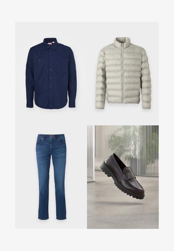 Helle graue Pufferjacke mit Stehkragen, Reißverschluss vorne und horizontalem Steppdesign. Hergestellt aus glattem, gepolstertem Material zur Isolierung.; Navyblaue Knopfbluse aus Baumwolle mit spitzem Kragen, langen Ärmeln, zwei Brusttaschen und geradem Saum.; Blaue Straight-Leg-Jeans aus Denim mit fünf Taschen und Knopfverschluss, vor weißem Hintergrund gezeigt.; Brauner Leder-Schlupfschuh mit abgerundetem Zehenbereich und einer robusten schwarzen Gummisohle. Verfügt über einen dekorativen Riemen über dem Spann.