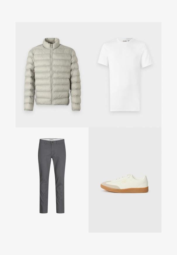 Veste rembourrée gris clair avec col montant, fermeture éclair à l'avant et design matelassé horizontal. Fabriquée en matériau lisse et rembourré pour l'isolation.; T-shirt blanc uni à manches courtes et col rond, avec une petite étiquette de marque à l'intérieur du col, présenté sur un fond blanc.; Pantalon en coton gris à coupe droite, doté d'une fermeture à bouton à l'avant et de passants de ceinture. Texture lisse sans motifs ni accents visibles.; Baskets en cuir blanc avec une coque beige et une semelle en caoutchouc marron clair. Dotées de lacets blancs plats et d'un logo embossé sur le côté.