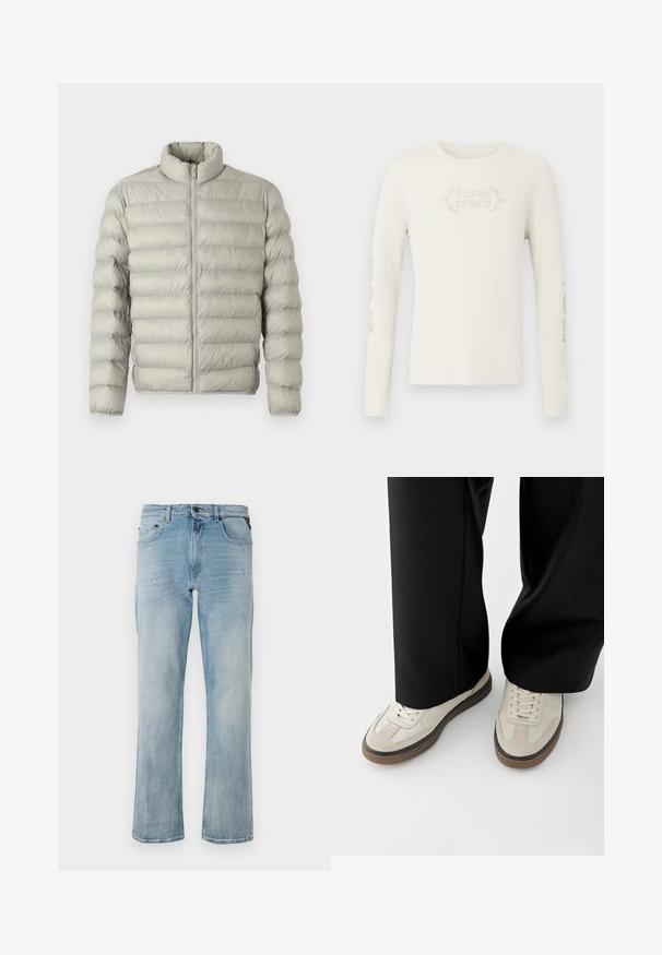 Veste rembourrée gris clair avec col montant, fermeture éclair à l'avant et design matelassé horizontal. Fabriquée en matériau lisse et rembourré pour l'isolation.; T-shirt à manches longues en coton côtelé crème avec "DODGE DEMON" brodé sur le devant et des graphismes imprimés sur la manche droite. Texture douce.; Jean en denim bleu clair à coupe décontractée, mettant en avant des détails légèrement usés et un design classique à cinq poches.; Pieds portant des baskets beige avec des semelles marron et un pantalon noir à jambes larges sur fond blanc.