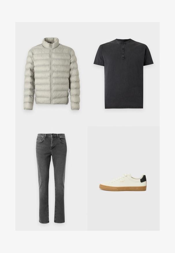 Chaqueta acolchada de color gris claro con cuello alto, cierre de cremallera en la parte delantera y un diseño de acolchado horizontal. Fabricada con un material suave y acolchado para proporcionar aislamiento.; Camiseta henley negra de manga corta con tapeta de tres botones y cuello redondo sobre un fondo liso.; Jeans de mezclilla de pierna recta en color negro, con bolsillos delanteros y traseros, cremallera y cierre de botón, sobre un fondo blanco liso.; Zapatilla de lona blanca con suela de goma, acento negro en el talón, punta redonda y diseño con cordones. Presenta el logo de la marca en dorado en el lateral.