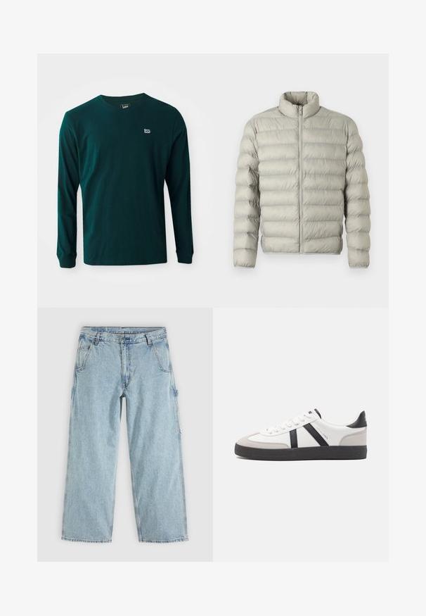 Lichtgrijze pufferjas met een staande kraag, rits aan de voorkant en horizontaal doorgestikte ontwerp. Gemaakt van glad, gewatteerd materiaal voor isolatie.; Donkergroene katoenen T-shirt met lange mouwen, een ronde hals en een klein wit logo op de linkerkant van de borst. Gladde textuur, casual fit.; Lichtblauwe rechte spijkerbroek met voorzakken, riemlussen, knoopsluiting en een zijdelus voor gereedschap.; Witte sneaker met zwarte en grijze accenten, voorzien van een grijze neus met textuur, zwarte rubberen zool en platte witte veters. Schoon ontwerp, minimalistische stijl.