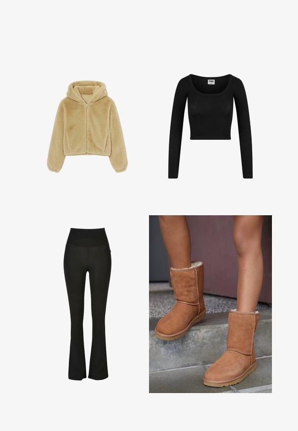 Beige faux furist jakk, mis on varustatud kapuutsiga, pikkade varrukatega ja elastsete mansettidega, on loodud sooja ja mugavuse tagamiseks.; Mustar pikkade varrukatega lühike topp, millel on ümar kaelus, valmistatud soonikust kangast. Omab vormitatud siluetti ja pehmet tekstuuri.; Mustad flared retuus kõrgendatud vöökohaga, valmistatud siledast ja venivast materjalist. Omab kitsa siluetti ja peeneid õmblusi.; Pruun nubuk anklisaapad ümmarguse varbaga, pehme vooder ja kummist talla, millel on nähtavad õmblustead along seams.