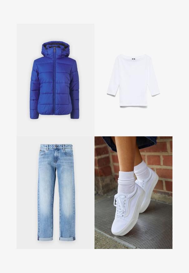 Blauwe pufferjack met een ritsluiting, een capuchon en een gestikte uitstraling. Heeft elastische manchetten en een gladde textuur. Lichtgewicht en geïsoleerd.; Witte driekwartmouwen shirt gemaakt van een katoenen mix; beschikt over een brede bootnek en een gladde, lichte textuur.; Lichtblauwe denim jeans met opgerolde mouwen, vooraan een knoop en rits, en een klassieke vijf-pocket ontwerp op een witte achtergrond.; Witte canvas sneakers met rubberen zolen, voorzien van zes vetertjes, een ronde neus en lichte stikdetails, gecombineerd met witte enkelsokken.