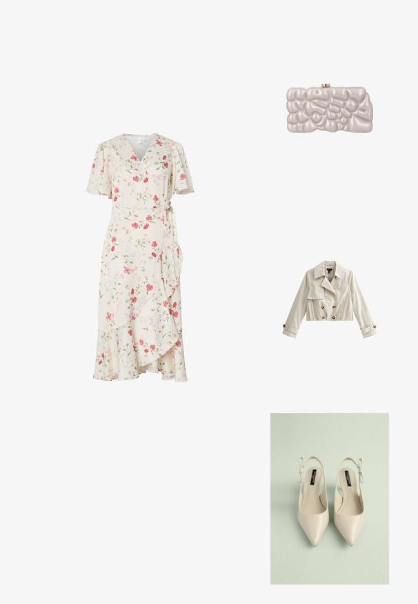 Trench-coat court crème avec boutons croisés, large col, rabat avant, poches latérales et brides boutonnées aux manches.; Robe portefeuille crème avec imprimé floral rose et rouge, manches courtes évasées, encolure en V et ourlet à volants.; Chaussures beige à bout pointu avec un cuir lisse, dotées d'un nœud décoratif sur le talon et d'un design à dos ouvert.; Pochette de couleur crème avec une surface texturée brillante, irrégulière et bulleuse, avec un petit fermoir doré sur le dessus.