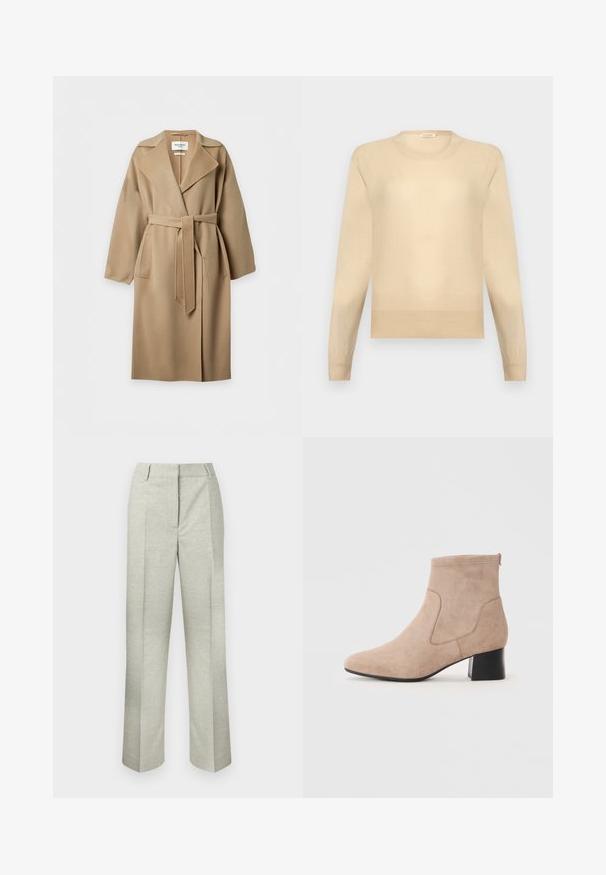 Long manteau en laine couleur camel avec larges revers, deux poches avant et une ceinture assortie nouée à la taille, présenté sur un fond uni.; Pull beige à manches longues et col rond avec poignets et ourlet côtelés sur un fond gris clair.; Pantalons plissés gris clair en tissu texturé, présentant une coupe droite et une taille plate sans fermetures visibles.; Bottines en suède beige à bout arrondi, avec des panneaux latéraux en elastic et un talon bloc avec une finition noire lisse.