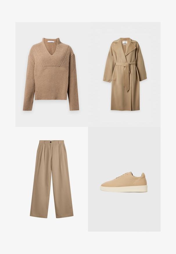 Long manteau en laine couleur camel avec larges revers, deux poches avant et une ceinture assortie nouée à la taille, présenté sur un fond uni.; Pull en tricot côtelé beige avec un décolleté en V profond, des manches longues et un panneau texturé au niveau de la poitrine. Longueur cropped avec une coupe décontractée.; Pantalon beige à jambes larges avec plis à l'avant, poches latérales, passants pour ceinture et fermeture par bouton à la taille.; Baskets beiges avec une texture lisse, bout arrondi et design minimaliste. Dotées d'une semelle couleur crème et de six œillets pour les lacets.