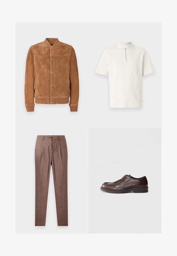 Brun suedebomberjakke med trykknapper, ribbestrikket krave, mansjetter og nederkant samt sidelommer, præsenteret på en ensfarvet baggrund.; Kortærmet polo skjorte i off-white med lynlås i halsen. Fremstillet af blødt stof, med et rent, minimalistisk design og ingen synlige mønstre.; Brune, strukturerede bukser med et hørmønster, der har en snøre i taljen og to frontfolder. Lige ben-design.; Brune lædersko med rund tå, minimal syning og en solid sort sål. Har snørelukning og en glat overflade.