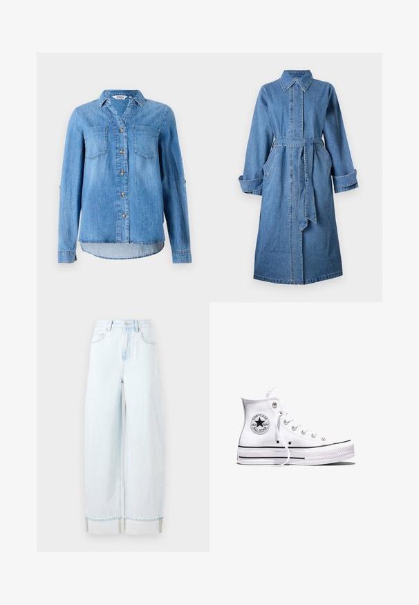 Denim trench coat i lys blå. Har en krave, lange ærmer, et bælte i taljen og to forlommer.; Lys blå denimskjorte med knaplukning foran, to brystlommer og ærmer som kan rulles op med knapdetaljer.; Lyseblå vidde jeans lavet af denim, med høj talje, forlommer og en rullet kant med synlige syninger.; Hvid Converse Chuck Taylor All Star højt snøresko med sorte striber og logoemblem på siden, vist mod en ensfarvet hvid baggrund.