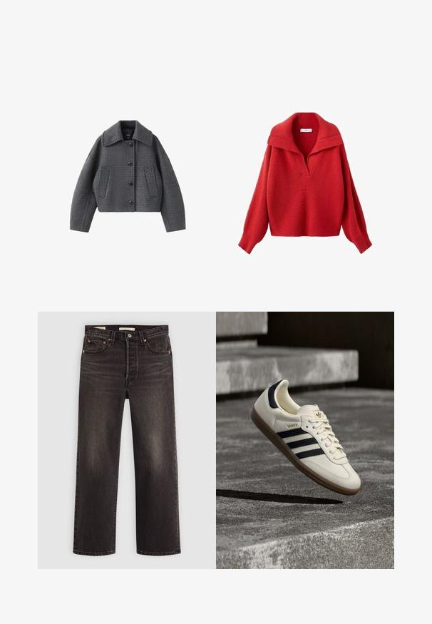 Dunkelgraue kariert Hemdjacke mit großem Kragen und zwei Fronttaschen, flach auf weißem Hintergrund liegend.; Roter Strickpullover mit weitem Kragen und tiefem V-Ausschnitt. Verfügt über überschnittene Schultern, lange Ärmel und eine strukturierte Stoffoberfläche. Kurz geschnitten.; Schwarze Jeans aus Denim mit geradem Bein. Verfügt über kupferne Nieten und Taschen. Glatte Textur und leicht verwaschene Optik.; Weißer Adidas Samba Sneaker mit schwarzen Streifen und Gummisohle, schwebend über strukturierten grauen Betontreppen.