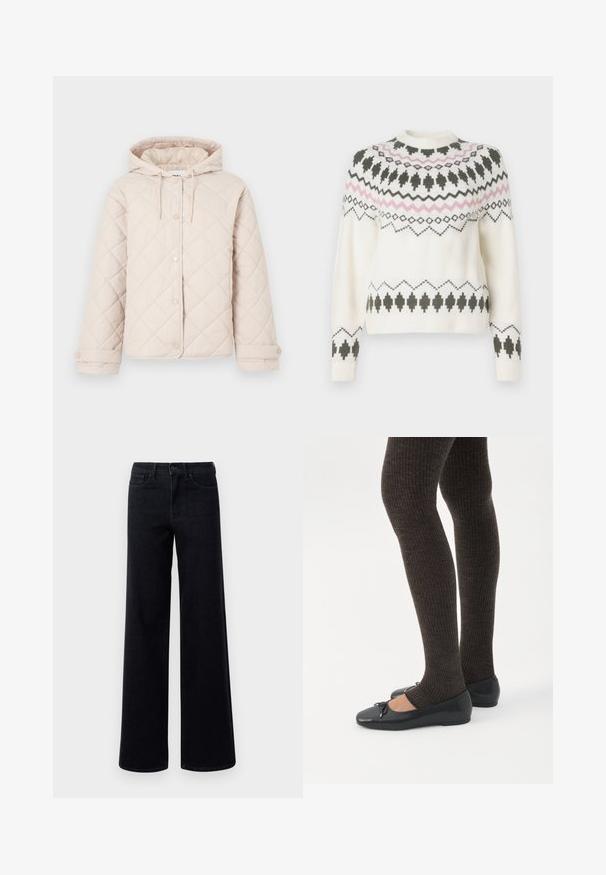 Lys beige quiltet jakke med hætte, trykknaplukning, lange ærmer og justerbare manchetter.; Hvid strikket sweater med sorte og pink geometriske mønstre over brystet, ærmerne og kanten, med rund halsudskæring og ribbede manchetter.; Bredde ben sorte denim jeans med høj talje, der har standardlommer og knaplukning. Glat tekstur med en let stræk.; Ben iført mørke ribbede leggings kombineret med sorte balletsko med små sløjfedetaljer på hvid baggrund.
