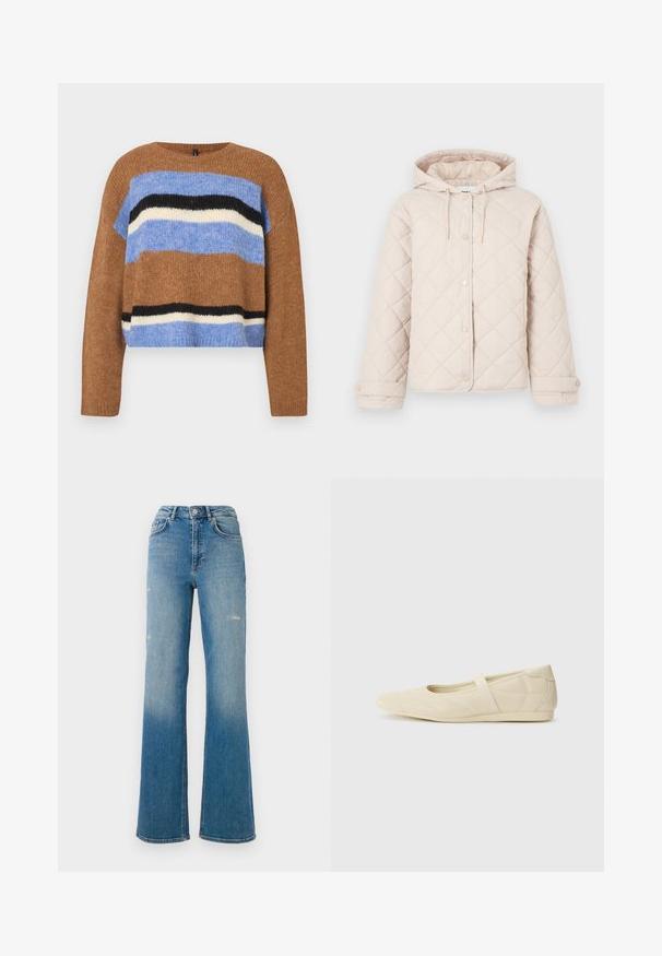 Veste matelassée beige clair avec capuche, fermeture à boutons-pression, manches longues et poignets réglables.; Pull en maille marron avec un col rond, présentant des rayures horizontales en bleu clair, noir et blanc. Texture douce, coupe décontractée, ourlet côtelé.; Jean en denim bleu taille haute avec un léger effet délavé sur les cuisses, style cinq poches et une coupe évasée.; Ballerines beiges avec une exterior en cuir lisse, un bout en forme d'amande et une sangle élastique sur le coup de pied, avec des détails de couture subtils.